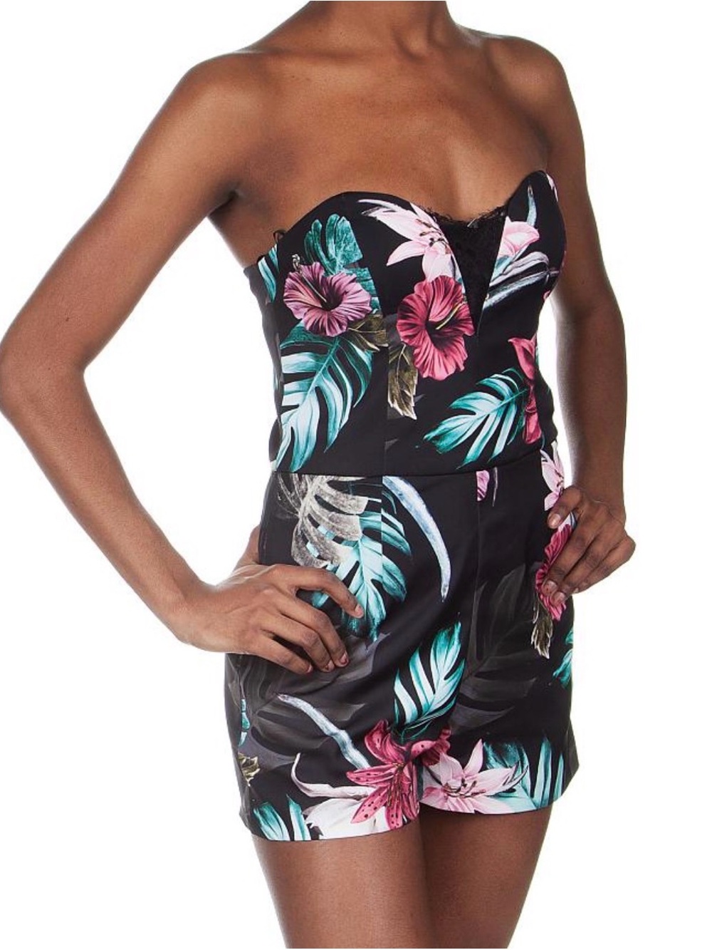 Guess Strapless Floral Romper in Black with Pink & Teal Flowers